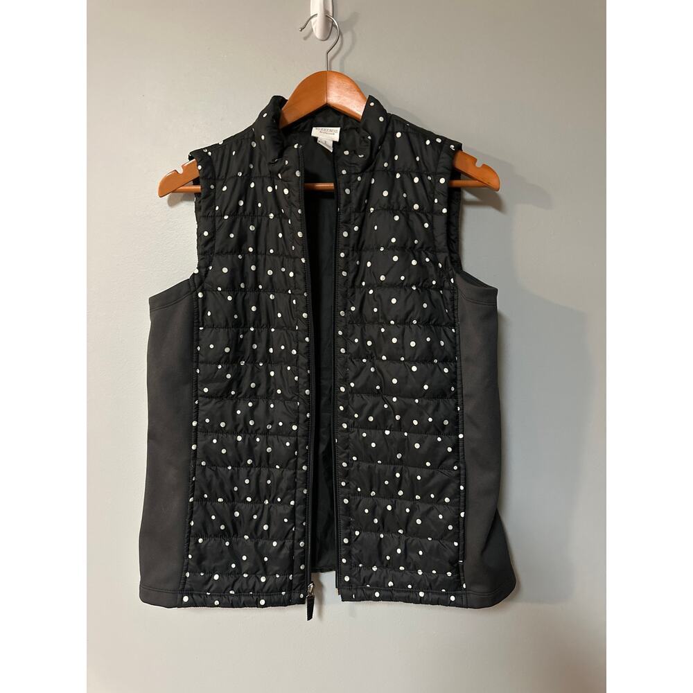 Womens Size S Weekends By Chico's Quilted Vest Black w/ White Polka Dots